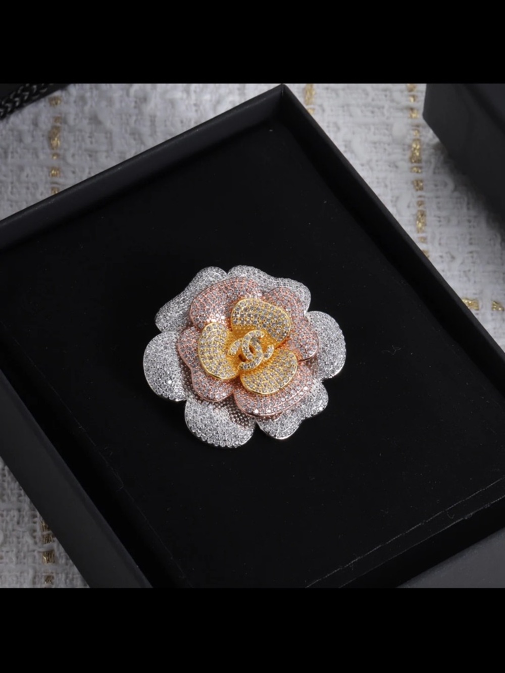 Luxury Multitone Camellia Flower Brooch - Silver, Rose Gold & Gold